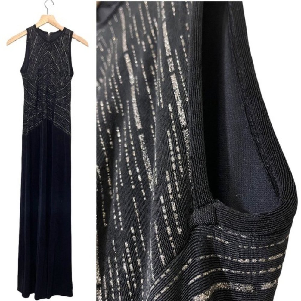 Vintage Tadashi Gown Gold Metallic Striped Sleeveless Black Dress M Formal